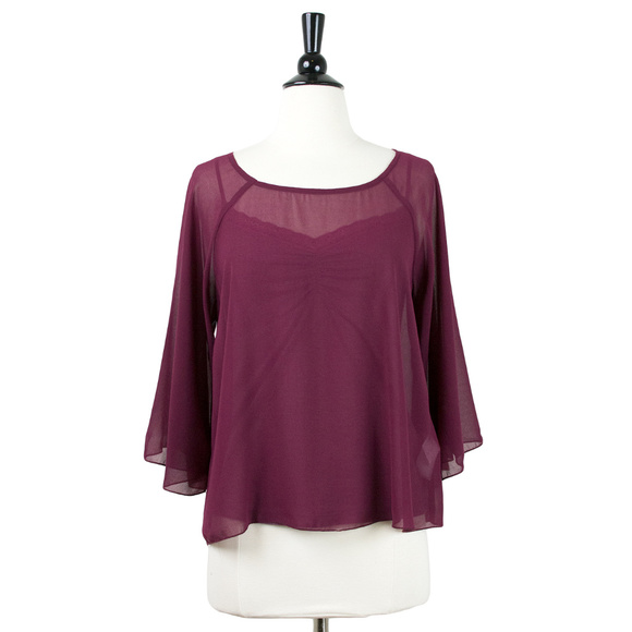 ▪️TRAFFIC PEOPLE Burgundy Semi-Sheet Chiffon Bell Sleeve Top 3/4 Sleeve … - Picture 1 of 4